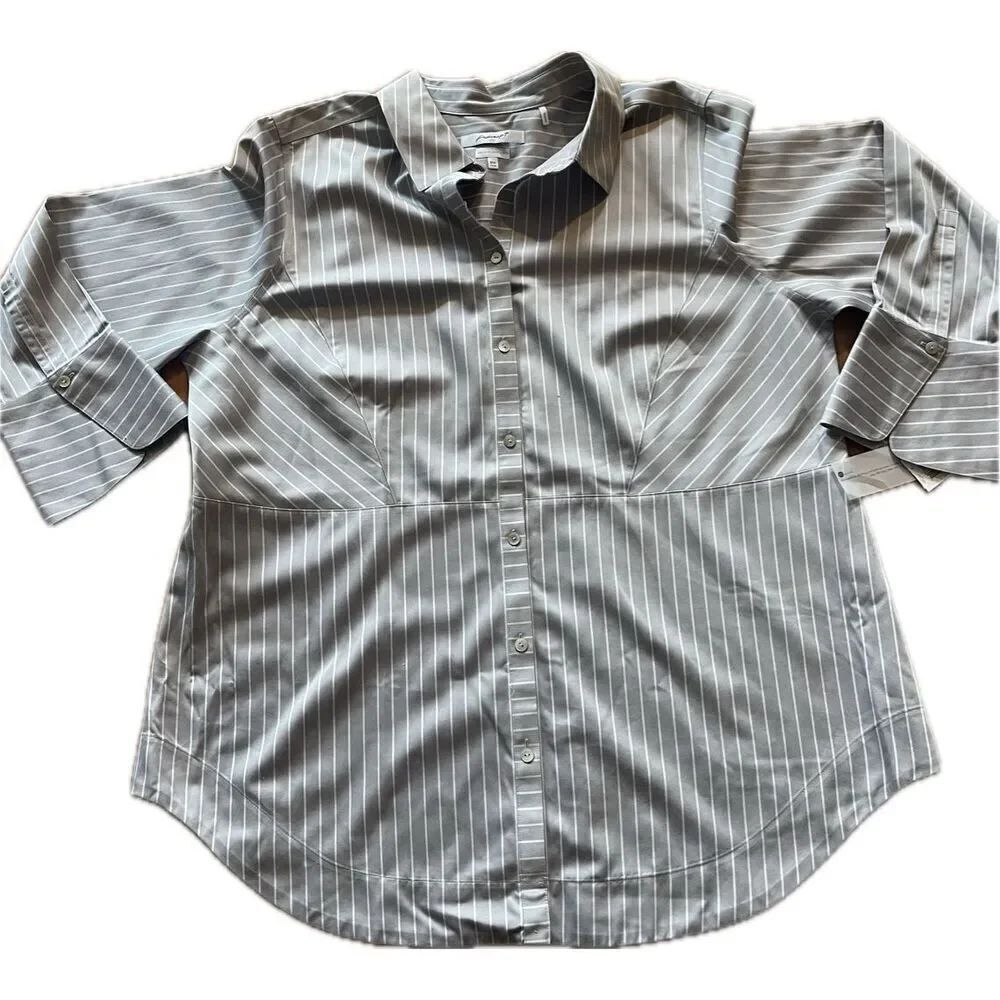 Foxcroft NYC Heritage Non-Iron Fitted button-down shirt Grey and White Striped W